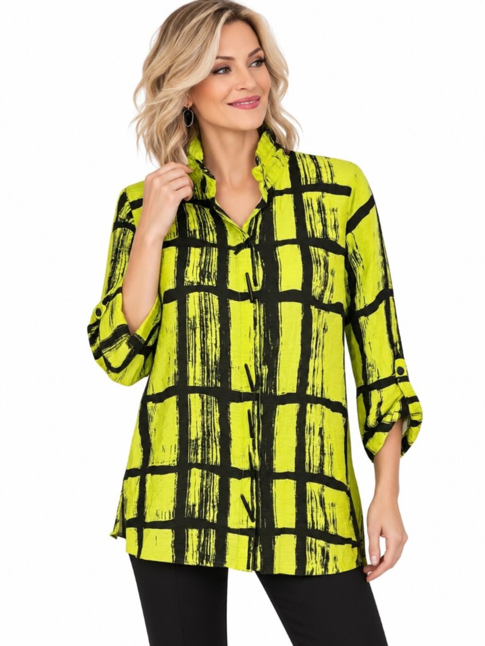 Ali Miles Tunic Size Small Wired Collar Black Yellow Abstract Button Front